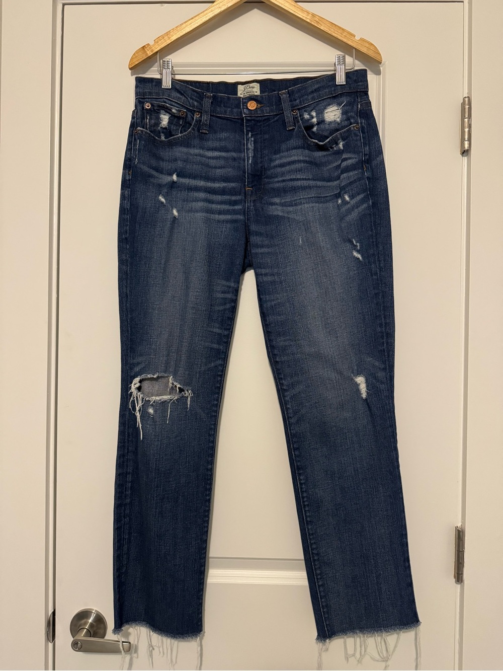 J. Crew Dark Indigo Distressed Slim Broken In Boyfriend Jeans